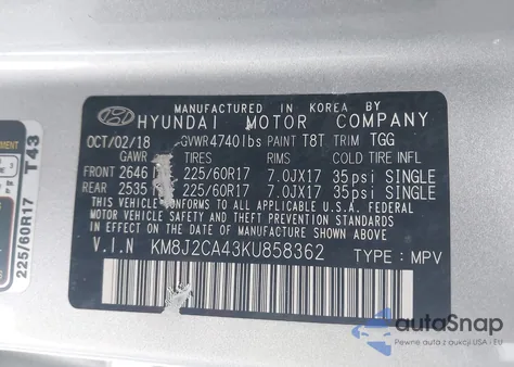 2019 Hyundai Tucson Se z USA, uszkodzony, nr VIN KM8J2CA43KU858362
